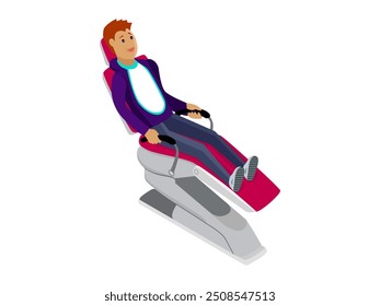 Illustration of a young man sitting in a reclining dental chair, prepared for dental treatment in a modern clinic, highlighting patient experience.