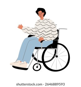 Ilustração de um jovem sentado em uma cadeira de rodas. Ele usa um suéter branco com padrão ondulado, jeans azuis e tênis. Seu braço é levantado em um gesto casual. Ilustração de vetor plano.