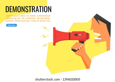 Illustration of a young man speaking in public during a demonstration using a megaphone.