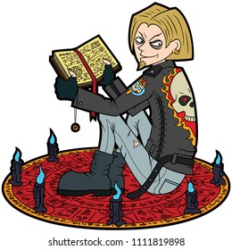 Illustration a young man with a spell book,in a subculture outfit, sitting inside a magic circle with candles