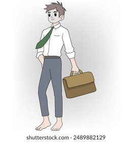 An illustration of a young man with spiky hair, wearing a white shirt, green tie, and blue pants, standing barefoot while holding a brown briefcase.