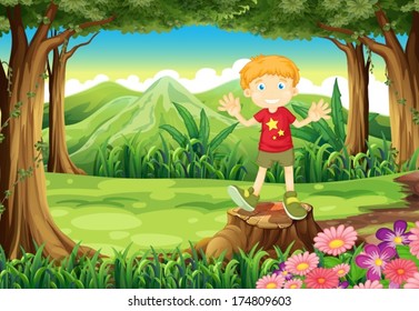 Illustration of a young man standing above the stump at the forest