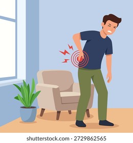 Ilustración de un hombre joven que sufre de dolor lumbar severo o lesión en la columna vertebral mientras está de pie en una sala de estar, representando problemas de salud y ergonomía.