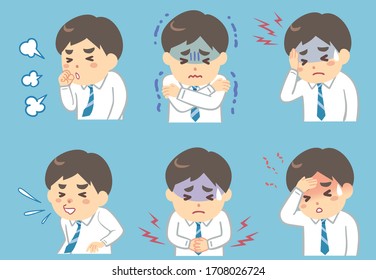 Illustration of a young man suffering from various physical conditions