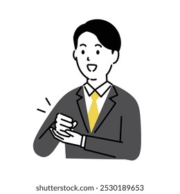 Ilustração de um jovem em um terno batendo palmas suas mãos na compreensão, vetor