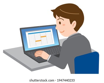 
Illustration of a young man in a suit doing office work on an office laptop