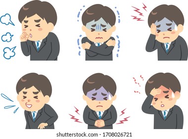 Illustration of a young man in a suit suffering from various physical conditions