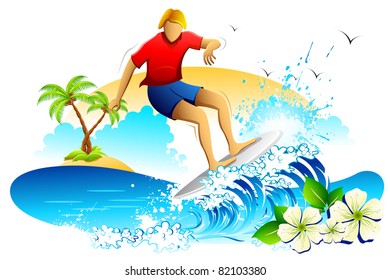 illustration of young man surfing on sea waves