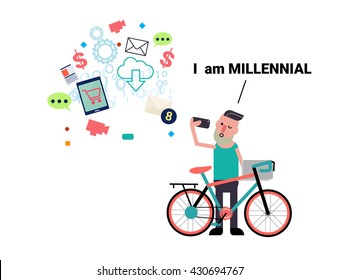 illustration of young man taking selfie with social network business ,represent new trend of startup business concept.