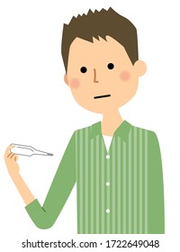 Illustration of a young man taking a temperature measurement.