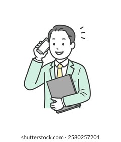 Illustration of a young man talking on a mobile phone, holding a computer and working