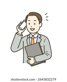 Illustration of a young man talking on a mobile phone, holding a computer and working