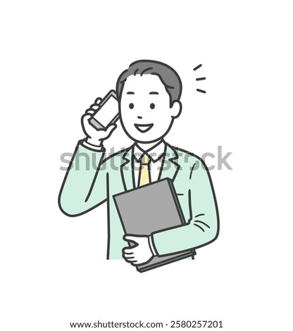 Illustration of a young man talking on a mobile phone, holding a computer and working