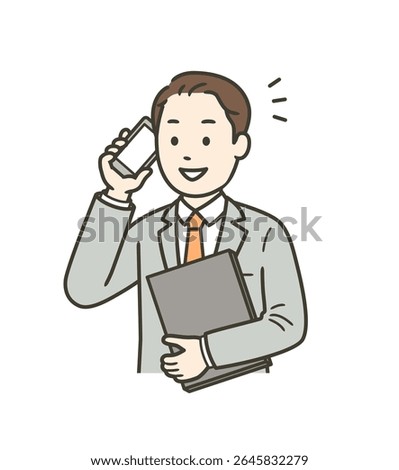 Illustration of a young man talking on a mobile phone, holding a computer and working