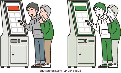 Illustration of a young man teaching old people how to use kiosks