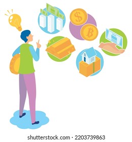 It is an illustration of a young man thinking about starting investment and asset management.