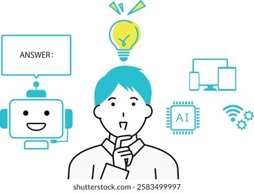 Illustration of young man using conversational AI to come up with idea