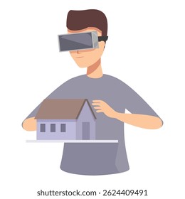 Illustration of a young man with vr headset touching a 3d model of a house