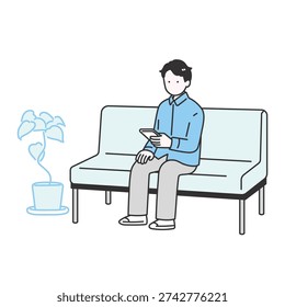 An illustration of a young man waiting while looking at his smartphone. Original artwork created by me using illustration software. No AI used.