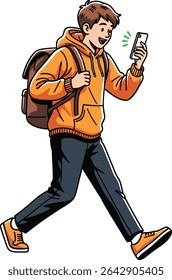 Illustration of a Young Man Walking and Looking at His Smartphone with a Backpack