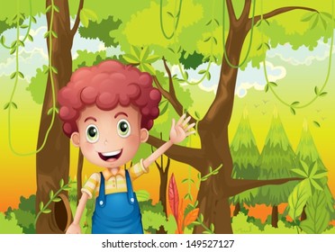 Illustration of a young man waving his hand in the middle of the forest