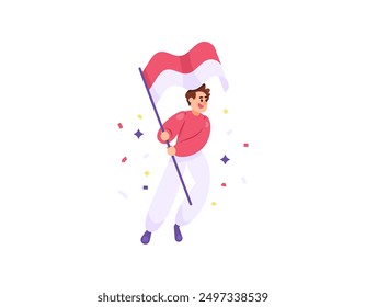 illustration of a young man waving the indonesian flag. red and white flag. celebrating indonesian national days. independence day, heroes day, youth pledge day. flat style design. graphic elements