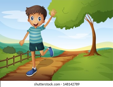 Illustration of a young man waving while running