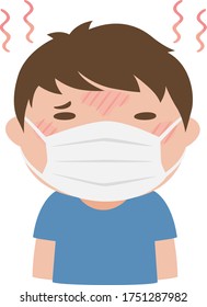 Illustration of a young man wearing a mask in the summer and getting heat stroke.