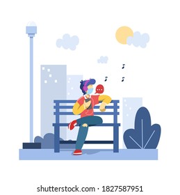 illustration of a young man wearing mask listning music flat design vector