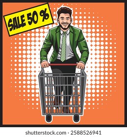 Illustration of a young man wearing an office uniform pushes a trolley in a shopping center