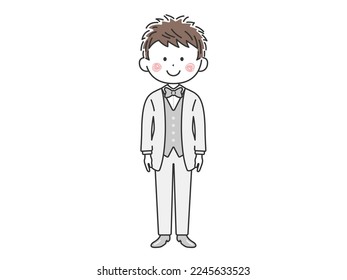 Illustration of a young man wearing a white tuxedo.