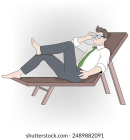 An illustration of a young man in a white shirt and green tie, reclining barefoot on a lounge chair while wearing sunglasses.