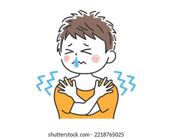 Illustration of a young man who is cold and shivering and has a runny nose.