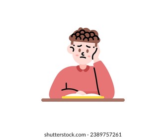 Ilustración de un joven que se ve pesimista por dificultades de aprendizaje. no me gusta aprender. perezoso por leer libros. No puedo leer libros. Dibujo o diseño de ilustración plana. elementos vectoriales