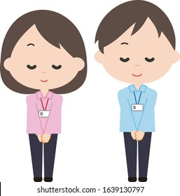 As for the illustration, young man and woman bows with a smile.