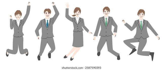 Illustration of a young man and woman in business suits jumping.