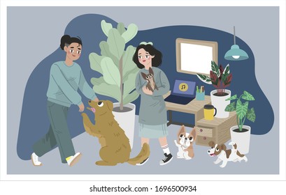 illustration of young man and woman couple character enjoy playing, petting and dancing with house domestic dog at home. millennial lovers with pet. flat vector illustration.