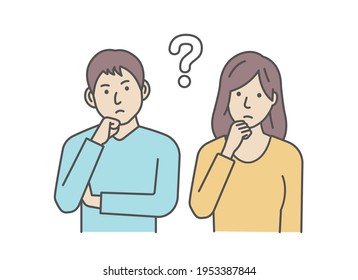 Illustration of a young man and woman (couple , family) having a question 