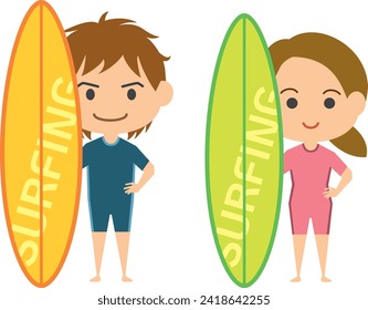 Illustration of a young man and woman holding surfboards