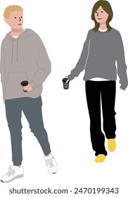 An illustration of a young man and woman holding takeaway coffee.