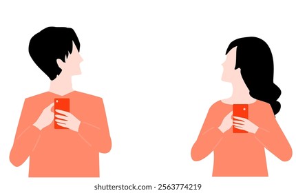 Illustration of a young man and woman looking sideways while holding a smartphone.