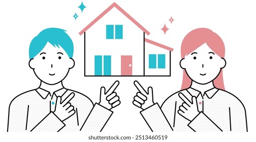 Illustration of young man and woman pointing at house object