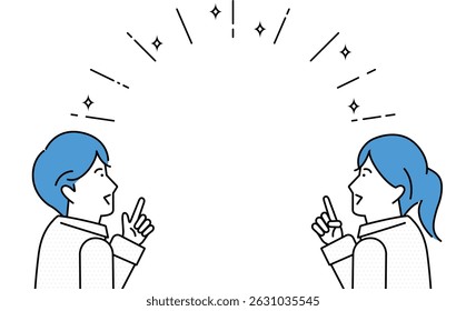 Illustration of a young man and woman pointing at the blank space