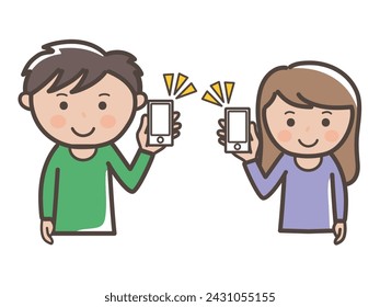 Illustration of a young man and woman showing their smartphone screens_QR payment