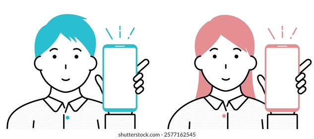 Illustration of young man and woman showing smartphone screen
