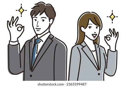 Illustration of a young man and woman in suits doing an okay pose