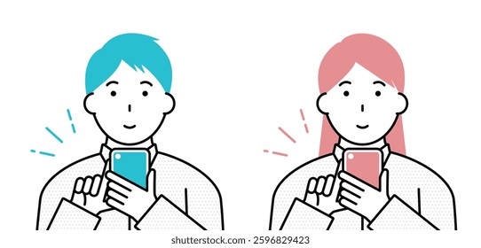 Illustration of a young man and woman using a smartphone