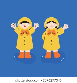 Illustration of a young man and woman wearing raincoats