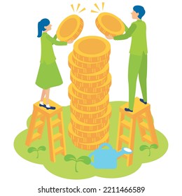 It is an illustration of a young man and a woman who accumulate funds for their old age.