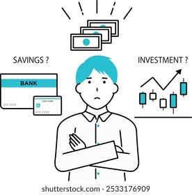 Illustration of young man wondering whether to invest or save money